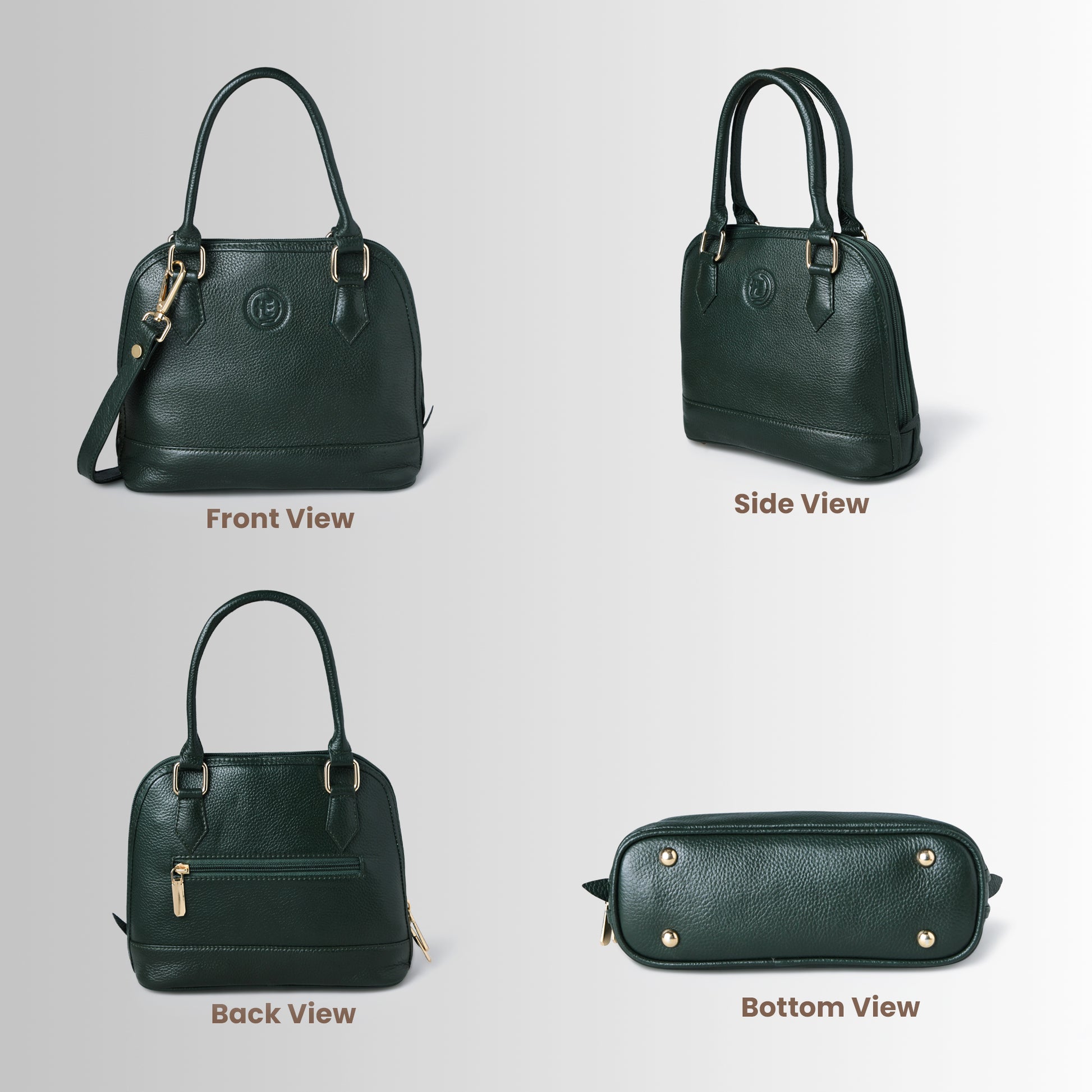 Forest Green leather bag - front, side, back, and bottom views, handcrafted buffalo leather | Hema Emporium