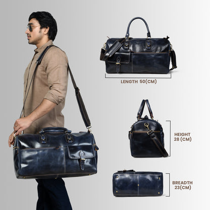 Classic Leather Travel Duffle – Top-Zip Design - Navy