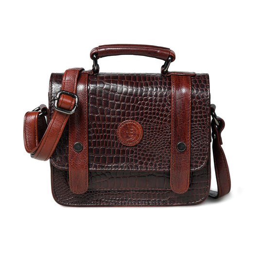 Petite Vintage Croco Leather Handbag - Dark Brown