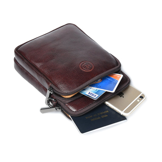 Tan Brown Leather Sling Bag - interior compartments with cards and phone, handcrafted buffalo leather | Hema Emporium