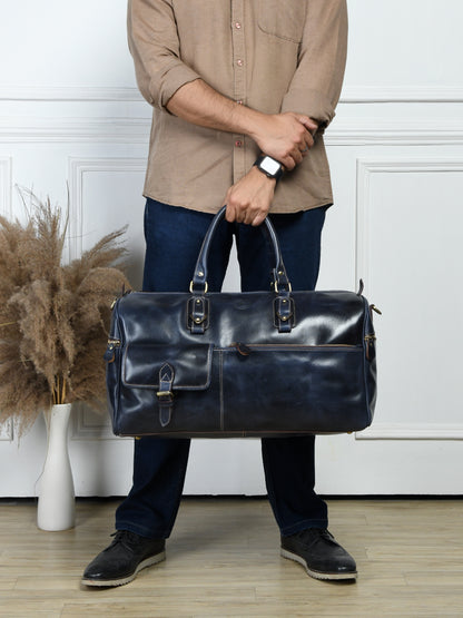 Classic Leather Travel Duffle – Top-Zip Design - Navy