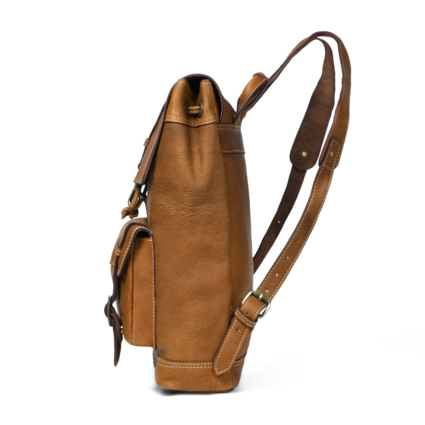 Draw String Leather Backpack - Brown