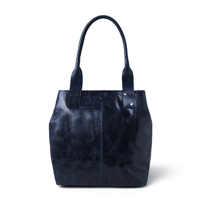 A dark navy leather tote bag with dual top handles, shown against a plain white background.