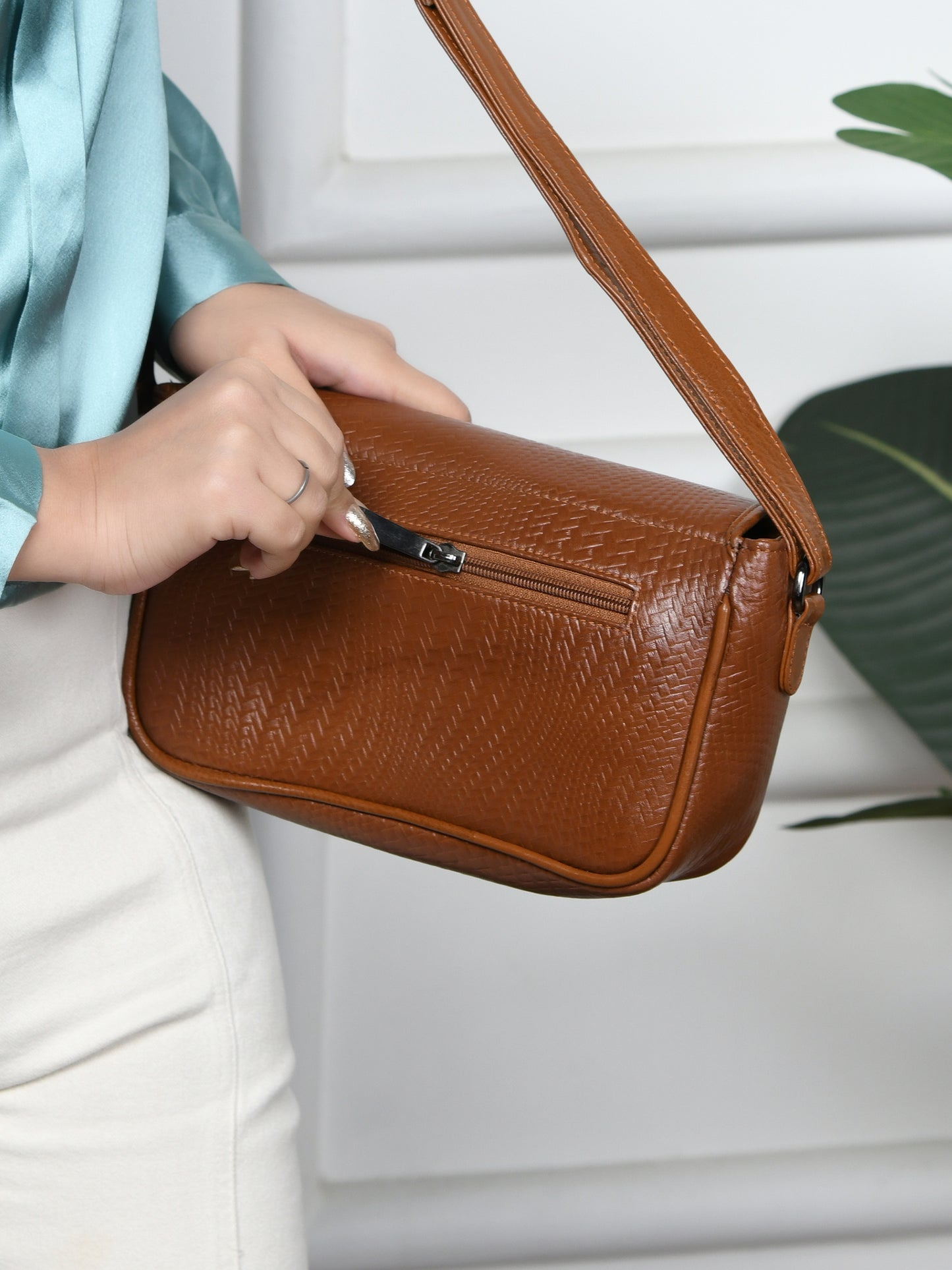 Leather Pouch | zig zag pattern Sling bag - Brown