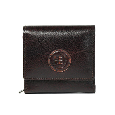 Dark Brown Leather Wallet - front view with logo, handcrafted buffalo leather | Hema Emporium