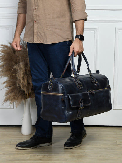 Classic Leather Travel Duffle – Top-Zip Design - Navy