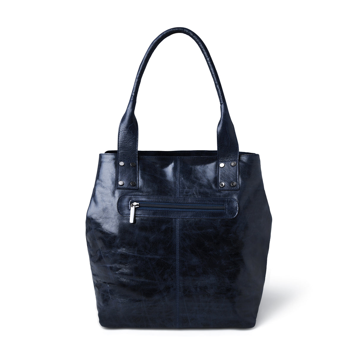 Navy leather tote bag on a light gray background
