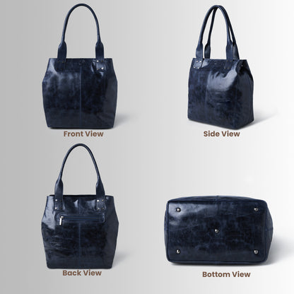 A dark navy textured tote bag shown from four angles: front view, side view, back view, and bottom view, arranged on a light gray background with labels.
