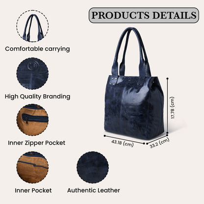 Navy  handbag with features highlighted on a light gray background