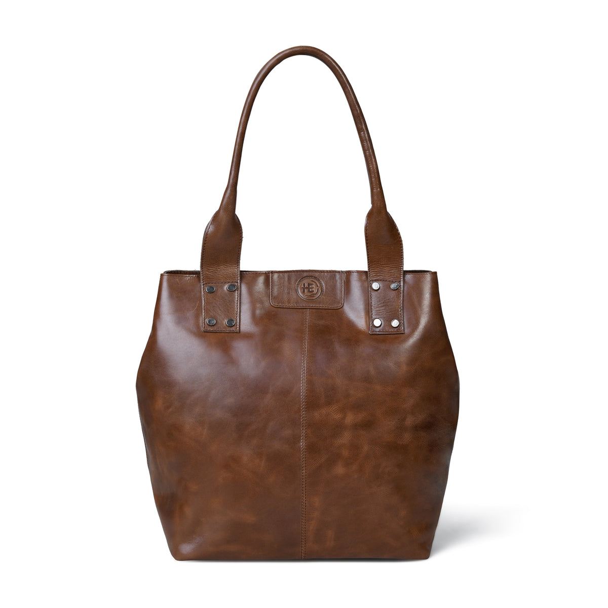 A Espresso brown leather tote bag with dual top handles, shown against a plain white background.