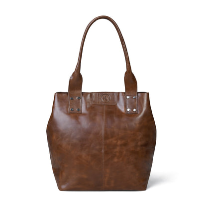 A Espresso brown leather tote bag with dual top handles, shown against a plain white background.