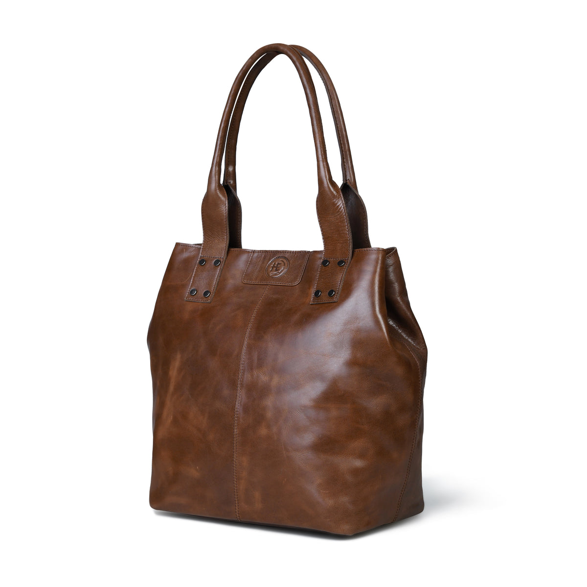 A Espresso brown leather tote bag with dual top handles, shown from a three-quarter angle on a clean white background.