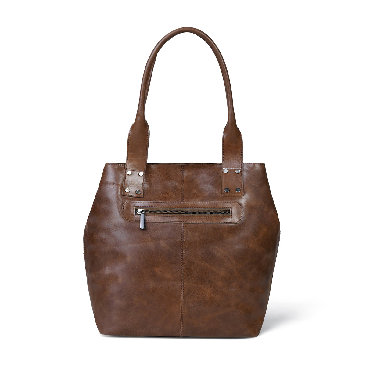 A Espresso brown leather tote bag with dual top handles, a front zippered pocket, and silver-tone hardware, shown against a plain white background.