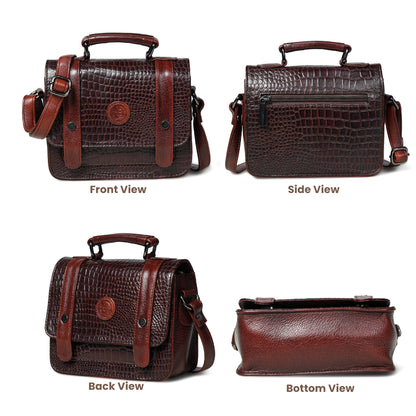 Petite Vintage Croco Leather Handbag - Dark Brown