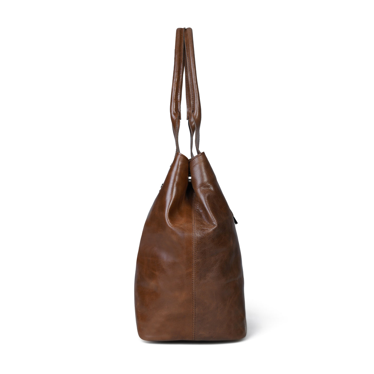 A Espresso brown leather bucket bag with dual shoulder straps, shown from the side against a plain white background.