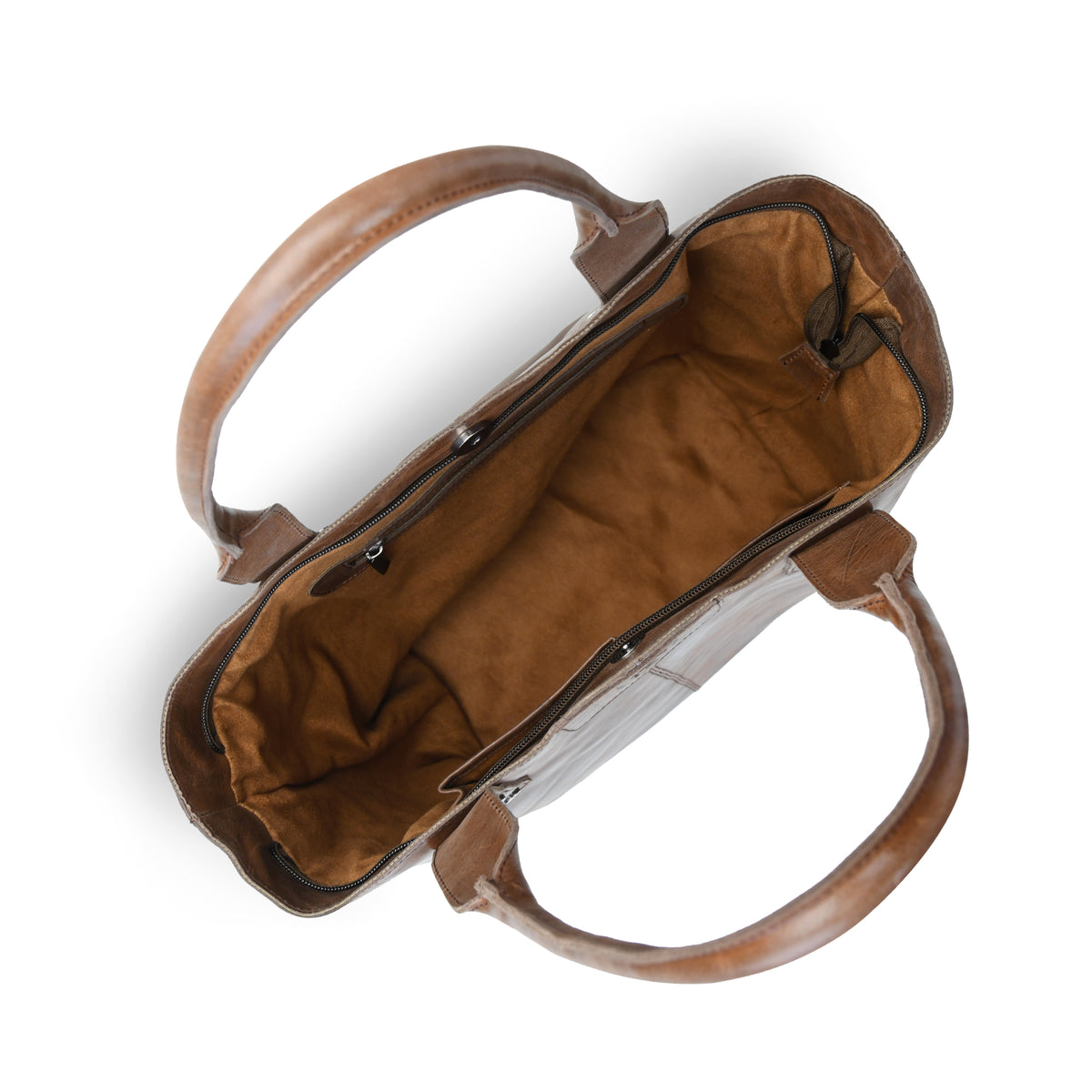 A top-down view of a Espresso brown leather handbag with a matching brown suede-like interior lining, showcasing its spacious open structure and dual top handles against a white background.