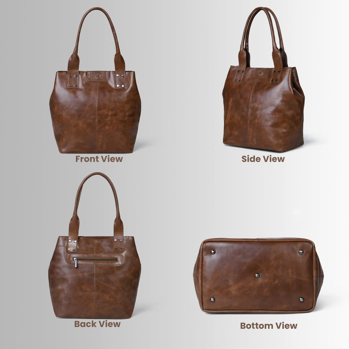 A Espresso brown leather tote bag shown from four angles on a light gray background: Front View, Side View, Back View, and Bottom View. Each view includes the bag and a label beneath it.