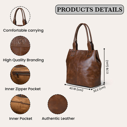 Espresso brown leather tote bag product details graphic showing the bag with dimensions (43.18 cm x 33.
