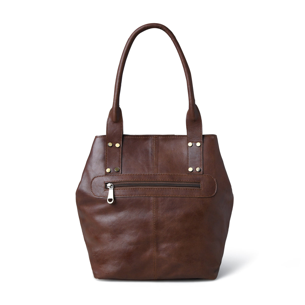 A dark brown faux-leather tote bag with dual top handles, a front zippered pocket, and brass-tone hardware, shown on a plain white background.