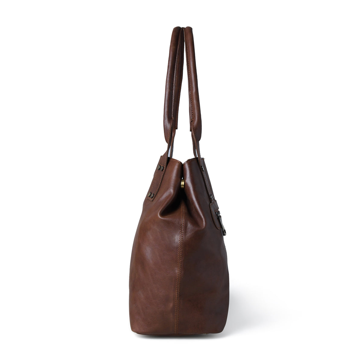 A dark brown leather tote bag shown from the side profile against a clean white background.