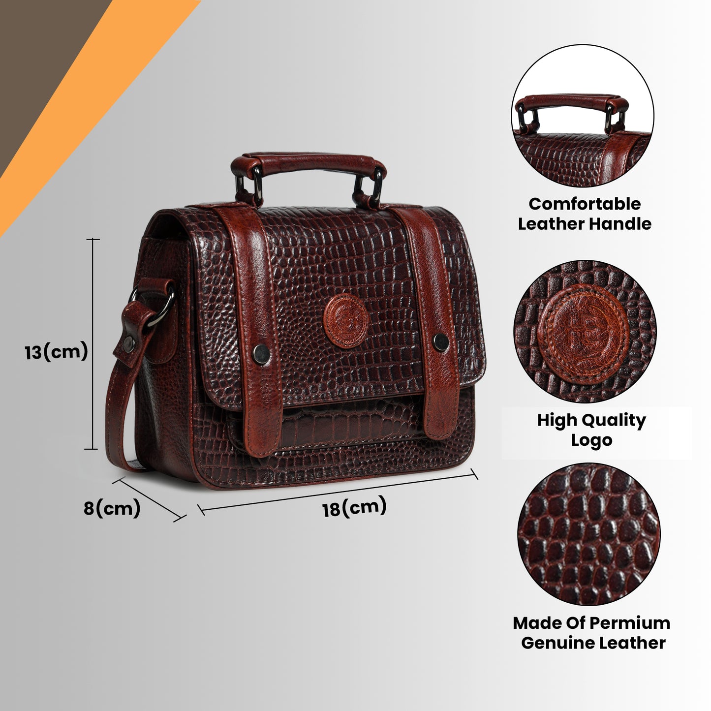 Petite Vintage Croco Leather Handbag - Dark Brown
