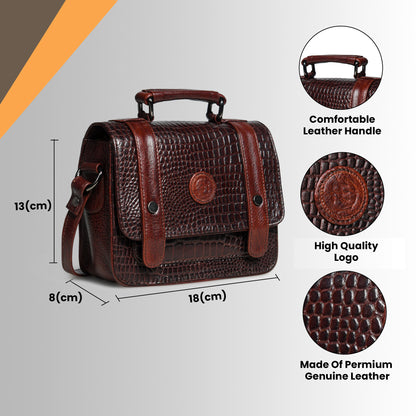 Petite Vintage Croco Leather Handbag - Dark Brown