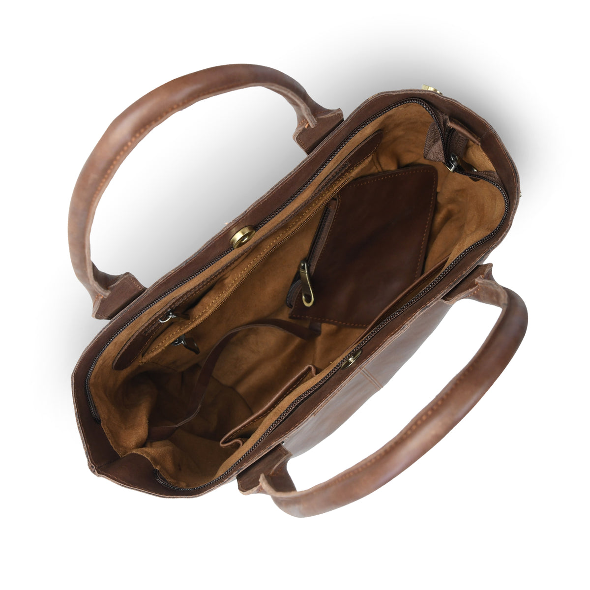 An overhead view of a Dark brown leather handbag showing its interior compartments, lining, and dual top handles against a white background.