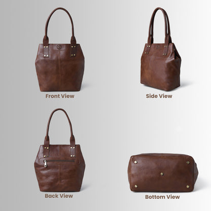 A Dark brown leather handbag shown from four angles on a light gray background: Front View, Side View, Back View, and Bottom View. Each view shows the bag with two top handles, a structured rectangular silhouette, and small metal hardware details.