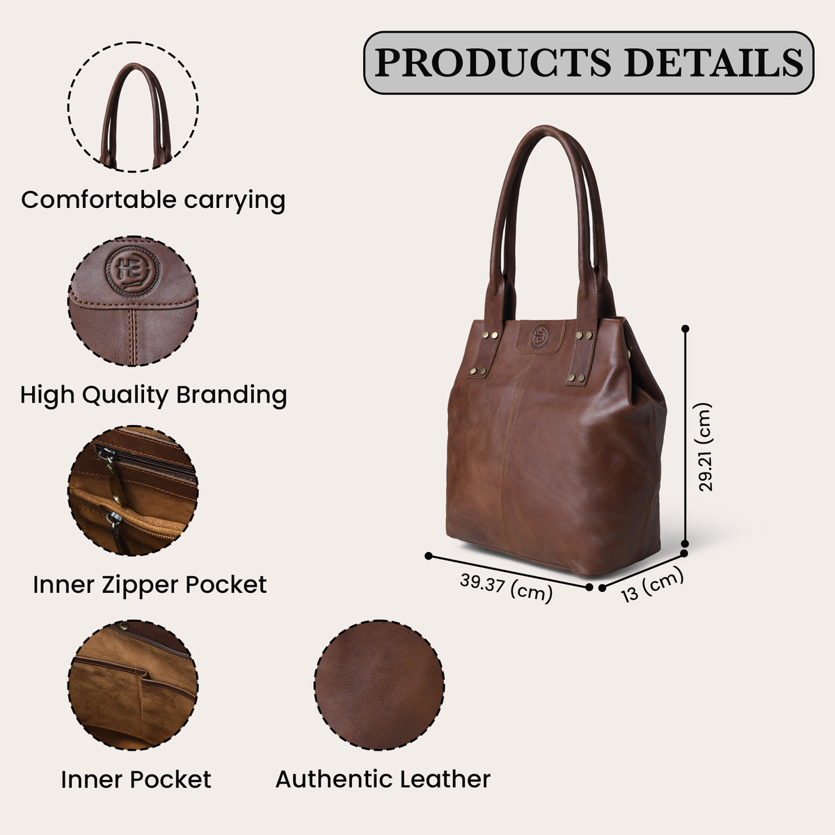 Dark Brown leather tote bag shown on a light beige background with product detail callouts and dimensions. The image includes labeled insets for comfortable carrying, high quality branding, inner zipper pocket, inner pocket, authentic leather texture, and product measurements.