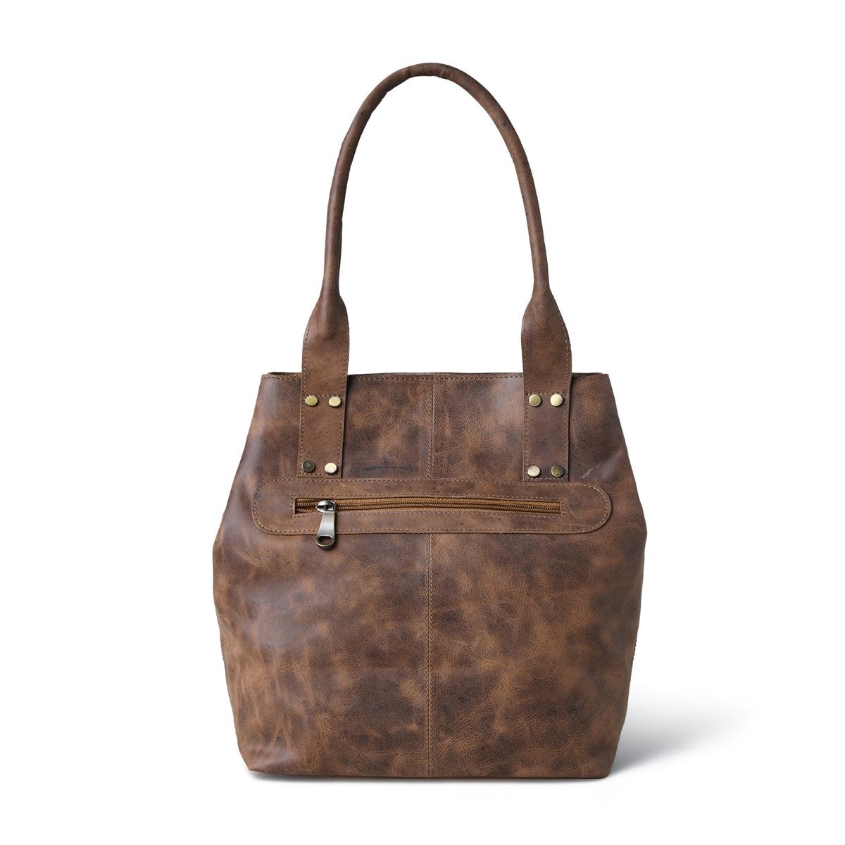 A Tan brown distressed leather tote bag with dual top handles, a front zippered pocket, and brass-tone hardware, shown on a plain white background.