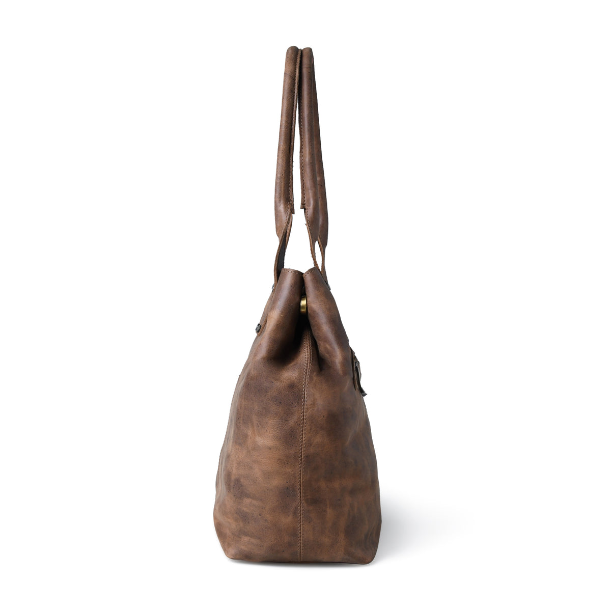 A Tan brown distressed leather tote bag with long shoulder straps, shown from the back on a clean white background.
