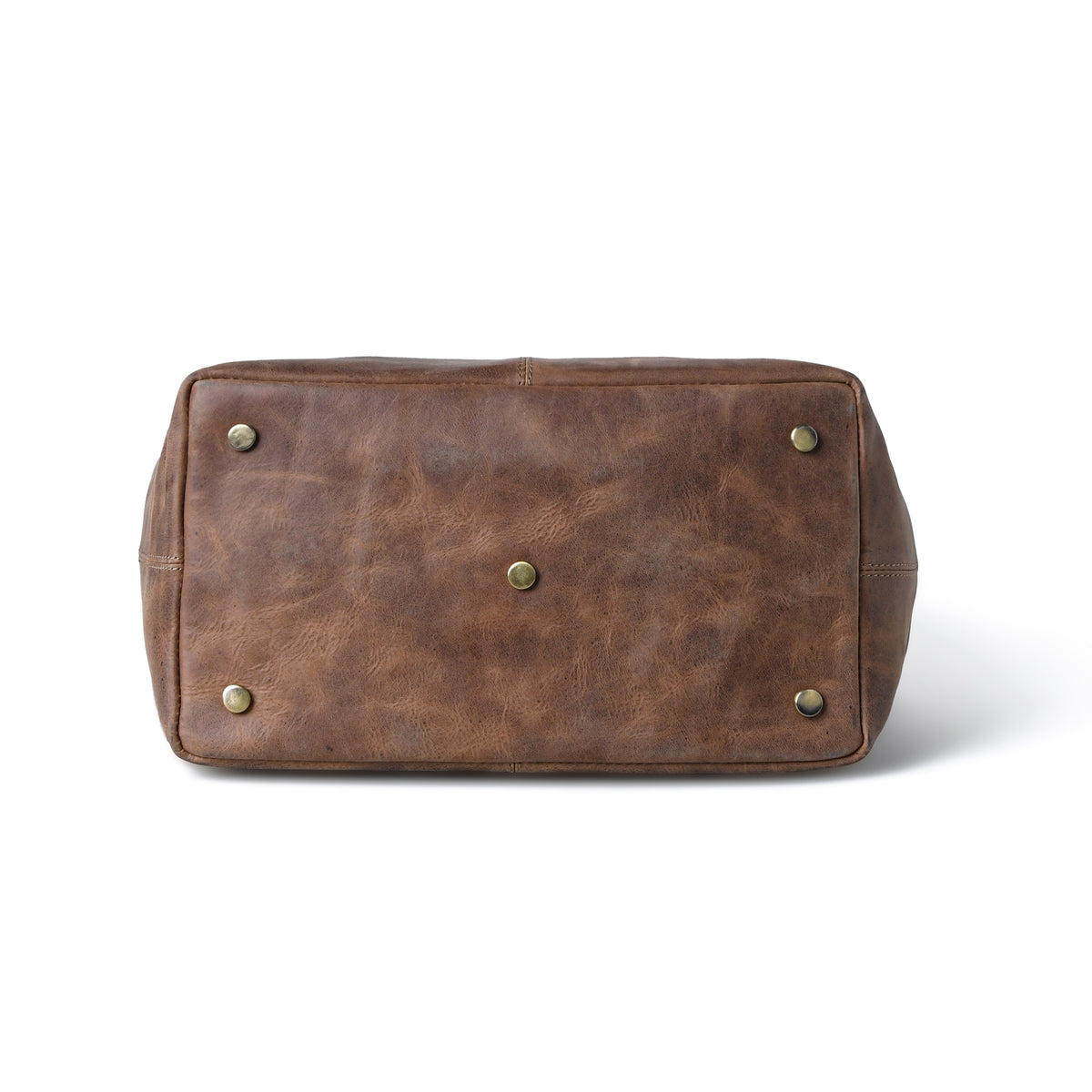 A Tan brown distressed leather tote bag shown from the bottom front view, featuring brass-colored metal studs on a white background.