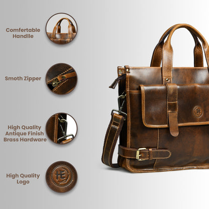 Vintage Belt-Lock Laptop Satchel - Brown