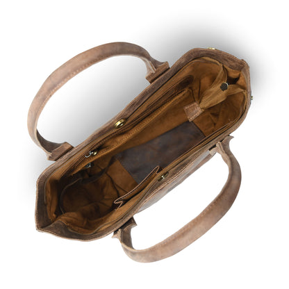 A Tan brown leather handbag shown from a top-down angle, highlighting its interior compartments, lining, and dual top handles against a white background.