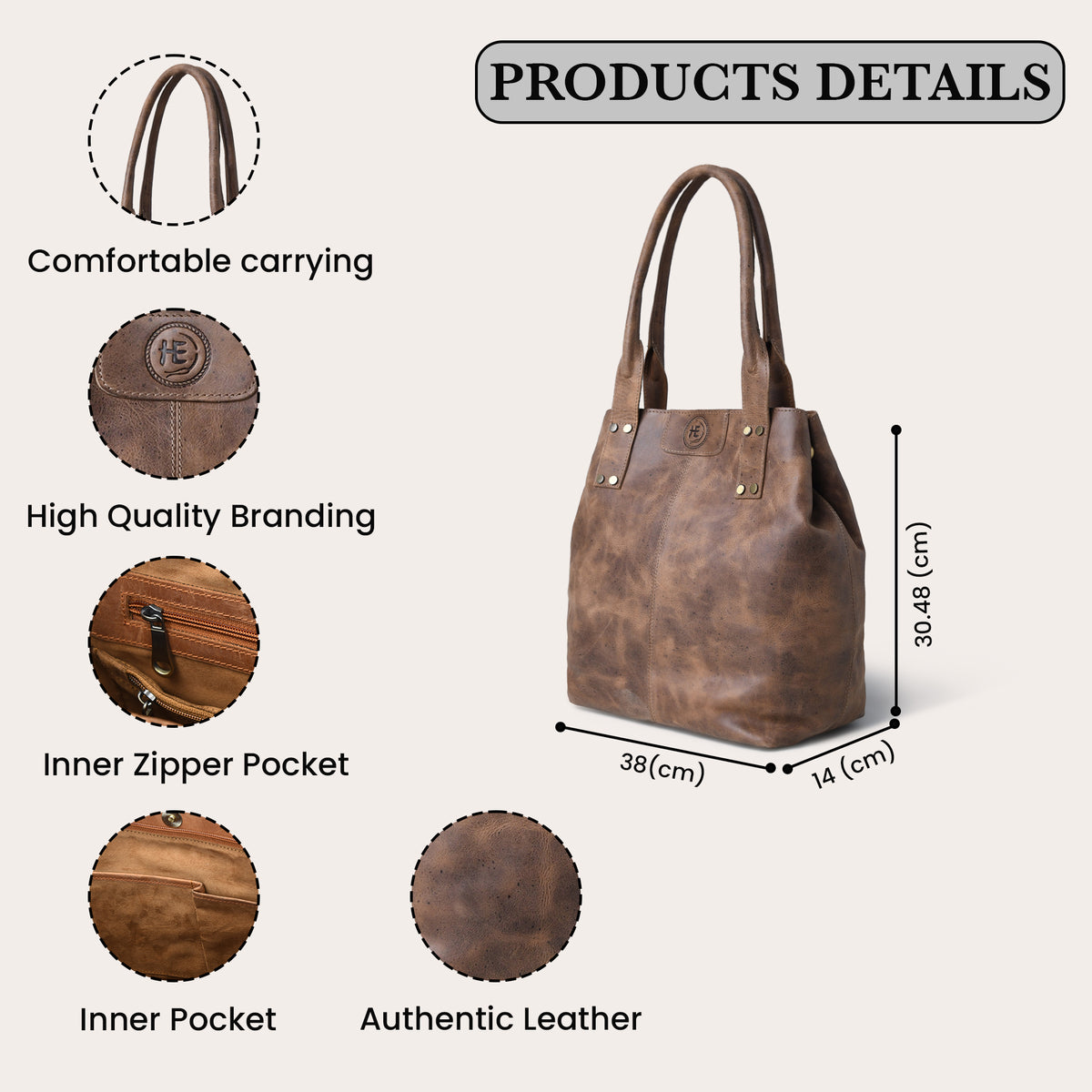 Tan brown distressed leather tote bag shown on a light beige background with product detail callouts and dimensions. The image includes labeled insets showing the handle, interior zipper pocket, inner pocket, and leather texture, plus text reading 'PRODUCTS DETAILS' and measurements 38 cm by 14 cm by 39.
