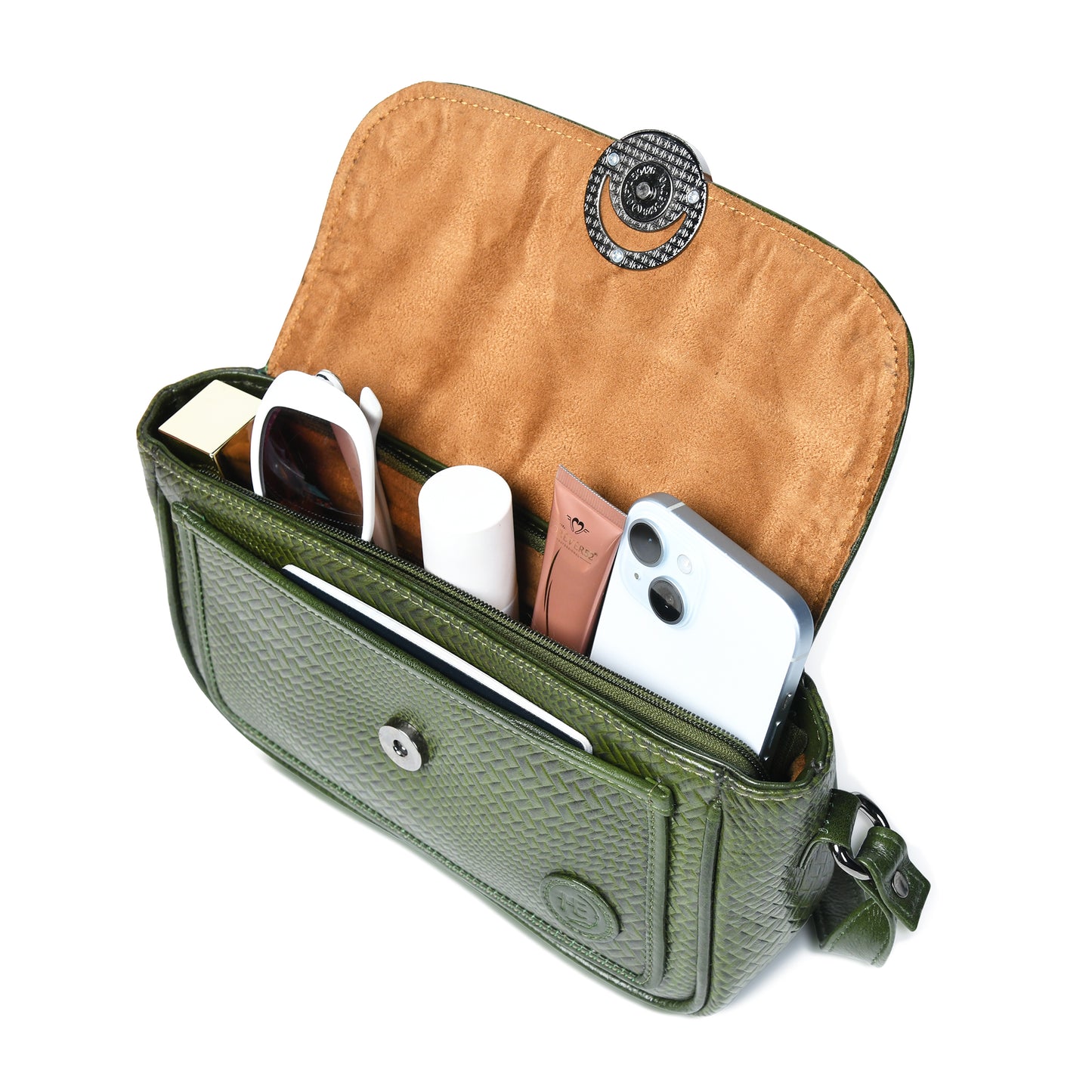 Leather Pouch | zig zag pattern Sling bag - Olive Green