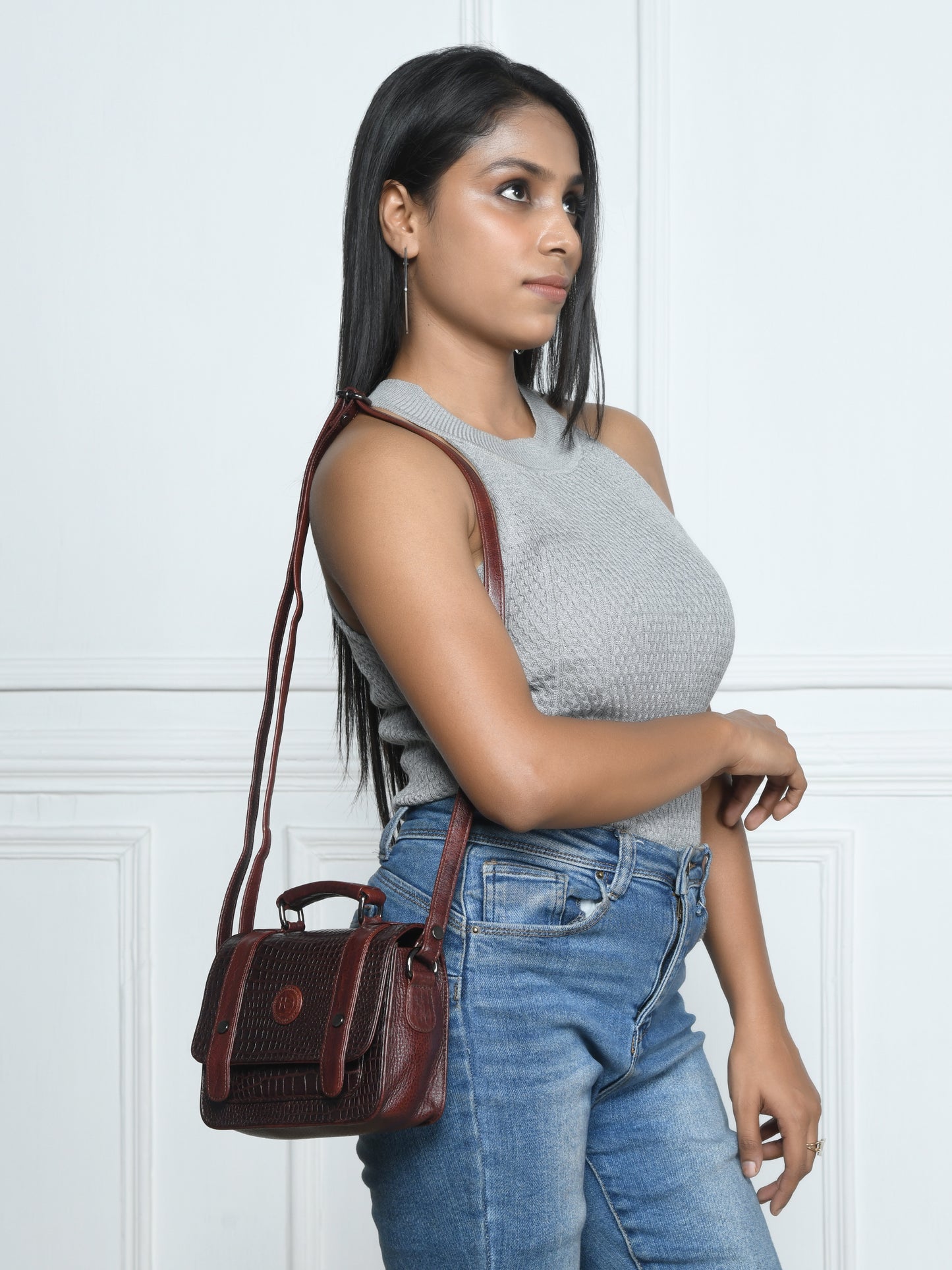 Petite Vintage Croco Leather Handbag - Dark Brown