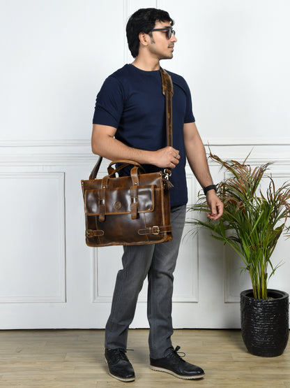 Vintage Belt-Lock Laptop Satchel - Brown