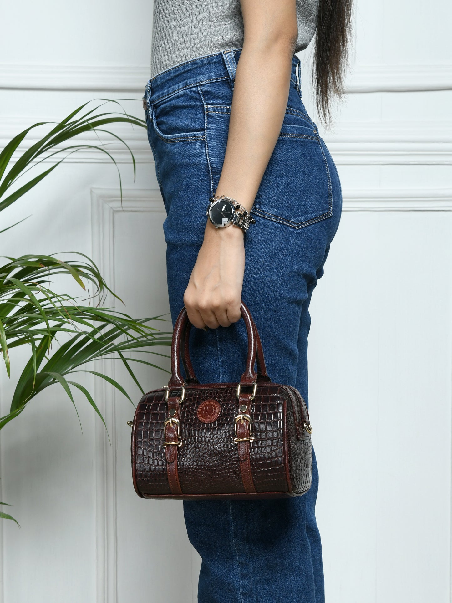 Textured Barrel Satchel - Dark Brown