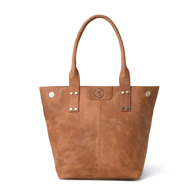 Tan Amelia Tote Bag, front view, handcrafted buffalo leather | Hema Emporium
