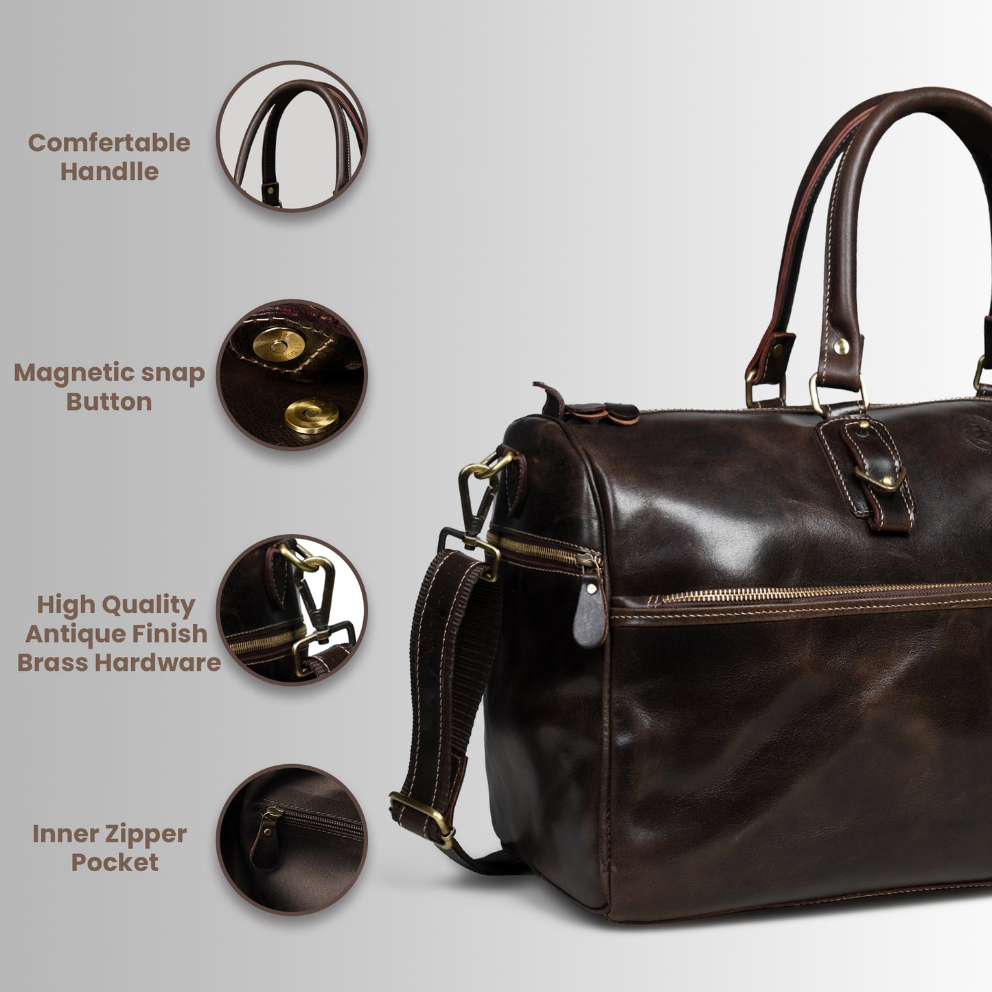 Classic Leather Travel Duffle – Top-Zip Design - Dark Brown