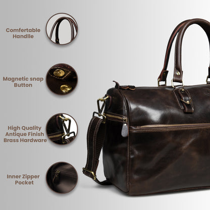 Classic Leather Travel Duffle – Top-Zip Design - Dark Brown