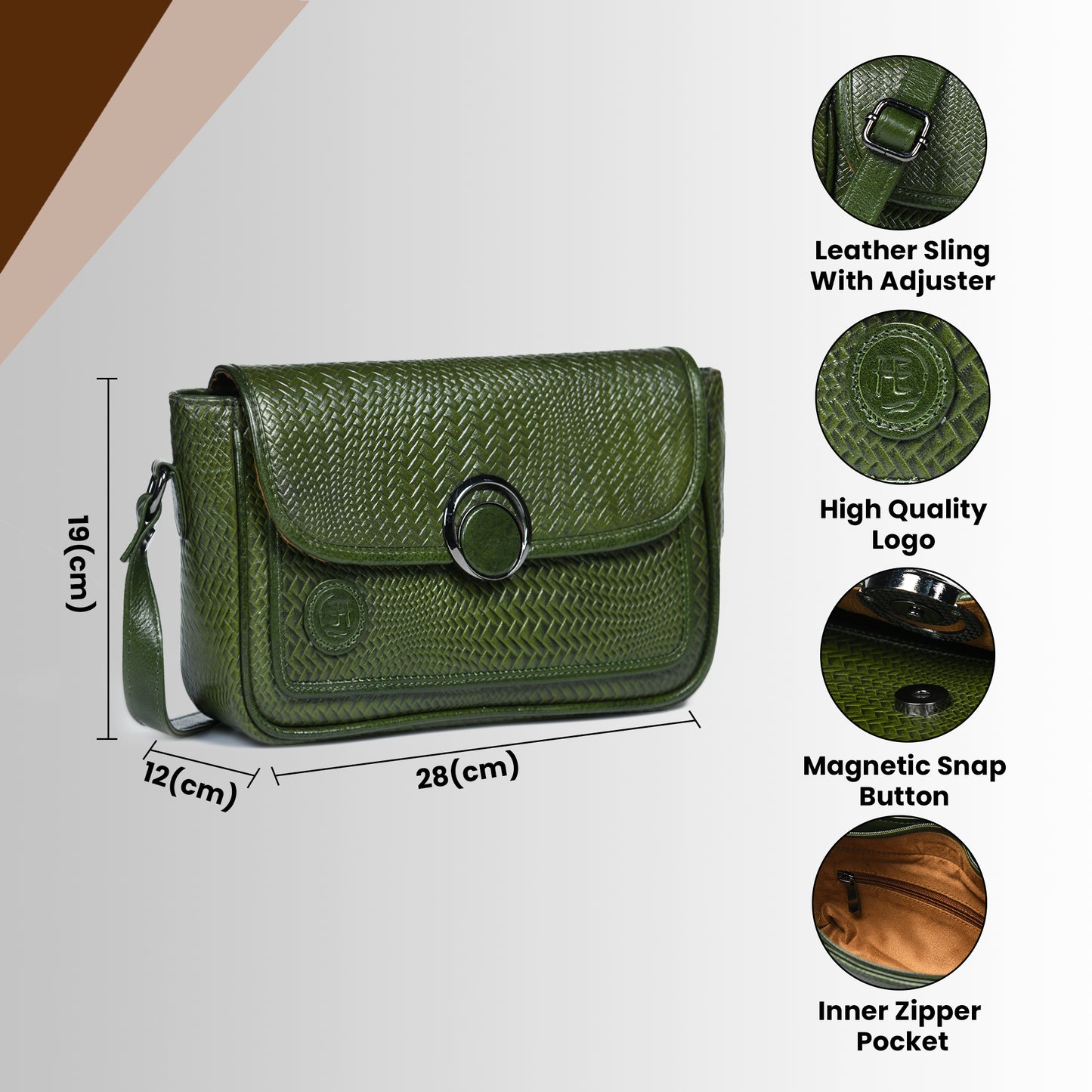 Leather Pouch | zig zag pattern Sling bag - Olive Green