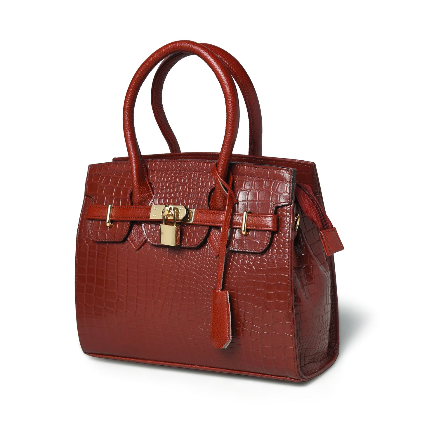 Burgundy leather bag - front view with gold padlock, handcrafted buffalo leather | Hema Emporium