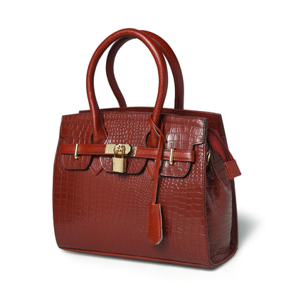 Burgundy leather bag - front view with gold padlock, handcrafted buffalo leather | Hema Emporium