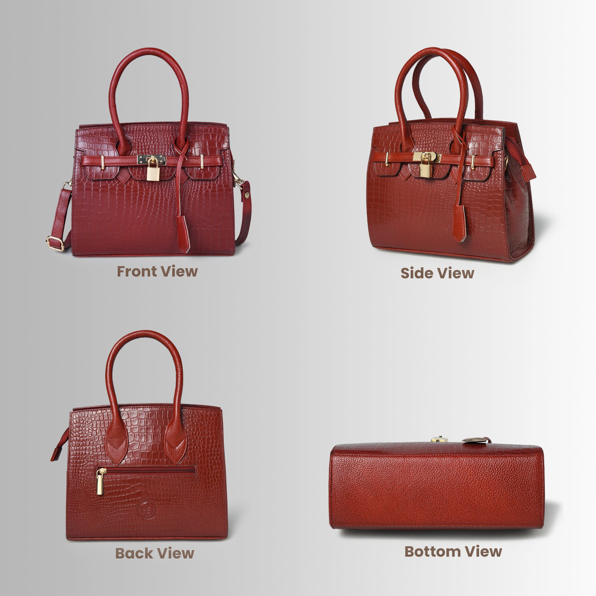 Burgundy Leather Bag - front, side, back and bottom views, handcrafted buffalo leather | Hema Emporium