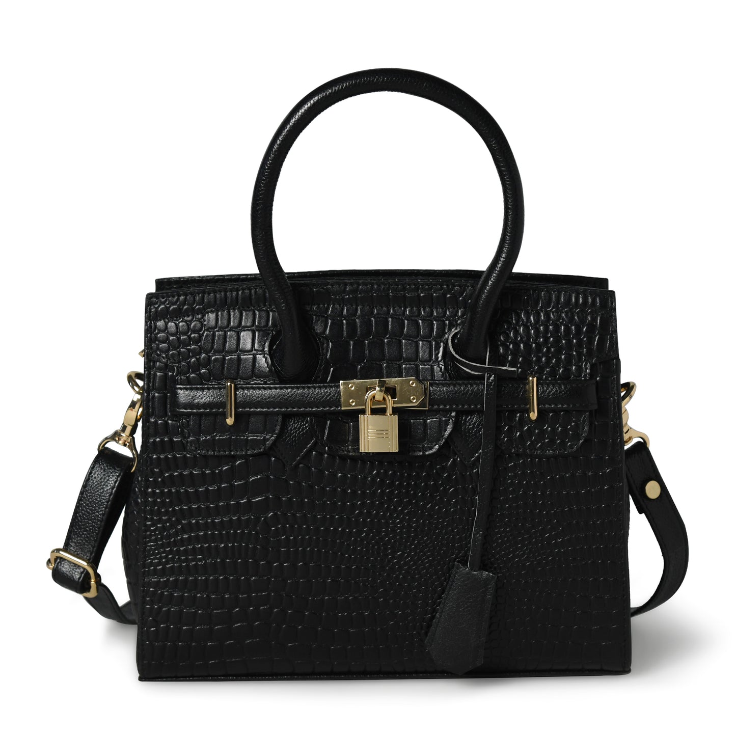 Black Leather Bag - front view with gold padlock, handcrafted buffalo leather | Hema Emporium