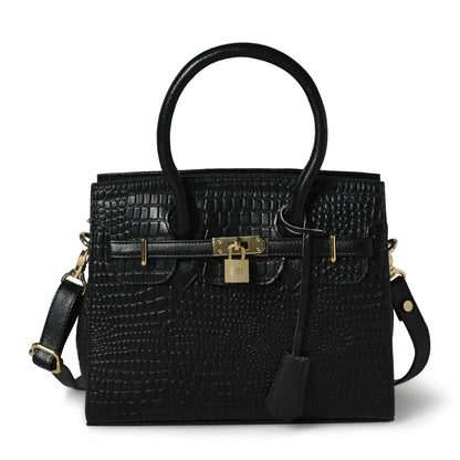 Black Leather Bag - front view with gold padlock, handcrafted buffalo leather | Hema Emporium