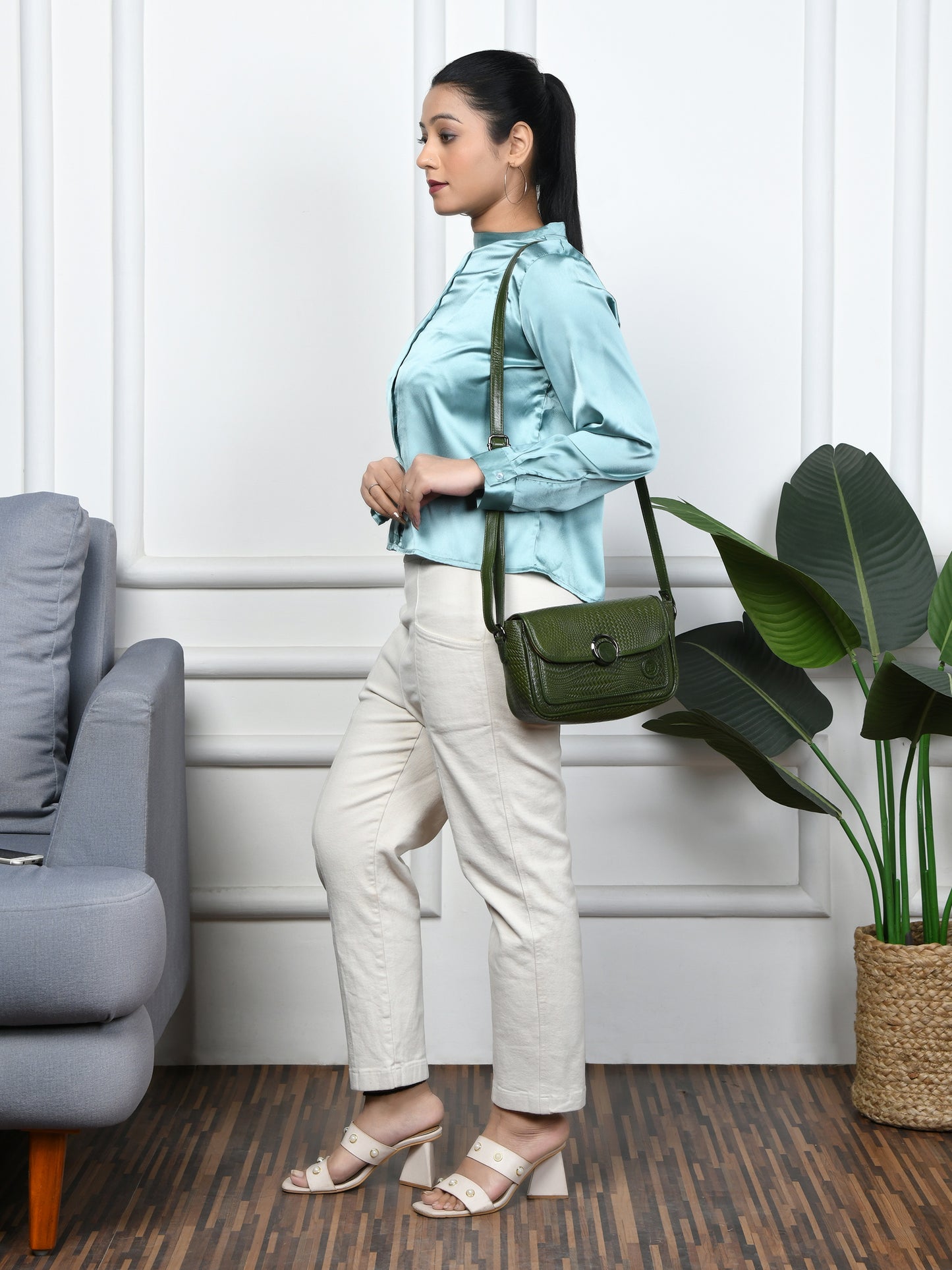 Leather Pouch | zig zag pattern Sling bag - Olive Green