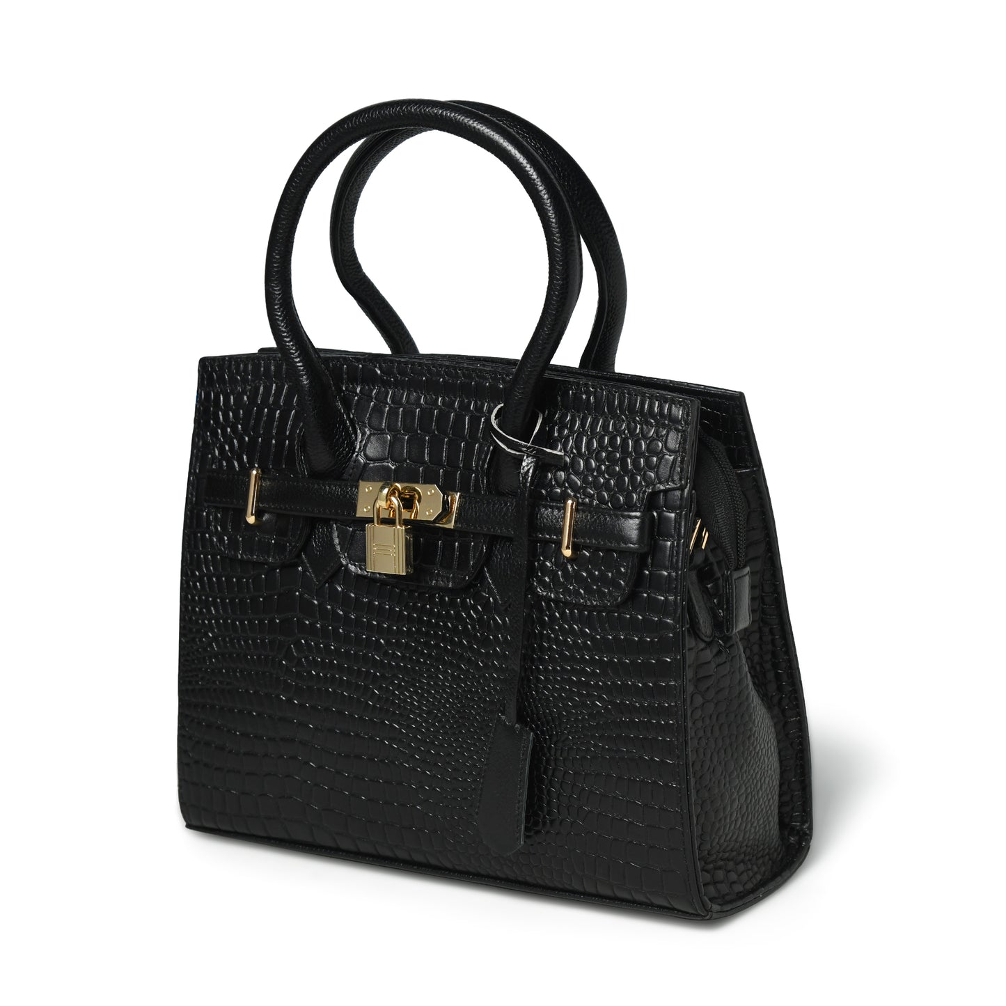 Black leather bag - front view with gold padlock, handcrafted buffalo leather | Hema Emporium
